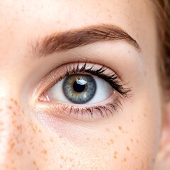 Fototapeta premium A close-up of a human eye with blue iris and freckles
