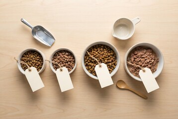 Variety of pet food bowls with dry kibble and wet food displayed on a wooden surface with a scoop and measuring cup