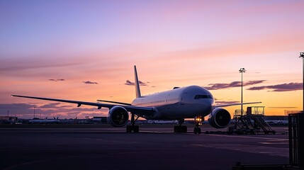 Fototapeta premium jetliner. Jetliner silhouette against a vibrant sunset sky, viewed from the tarmac with warm hues. inspiring travel planning, mobility guides, designed for mobility and urban transit guides.