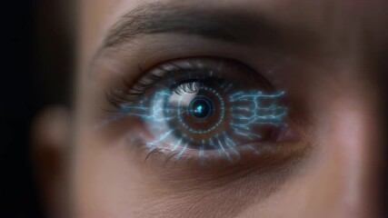 Close-up of a human eye opening and closing with futuristic digital technology interface overlays - Powered by Adobe