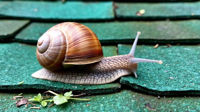 Snail microforest city rooftop slug shell green roof tile texture nature concept calm urban wildlife scene with closeup garden snail on wet surface organic moisture detail