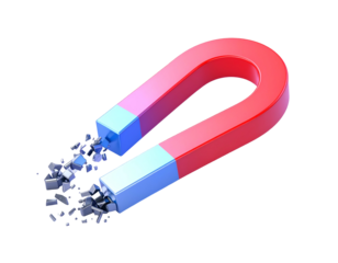 Red horseshoe magnet with blue tips, and disintegrating pieces