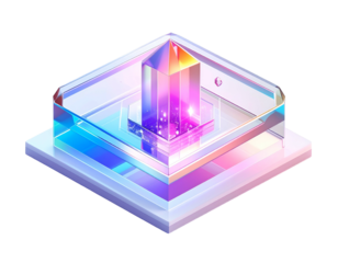 Isometric view of a glowing, prismatic crystal display