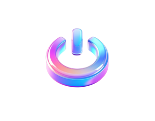 Shiny, iridescent power button icon glowing against a black backdrop