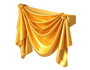 Golden, draped fabric with ornate attachments, rendered on black background