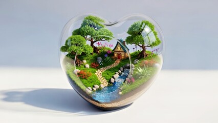 Creative Heart Shaped Glass Terrarium Featuring a Miniature Natural Ecosystem and Tiny Forest Scene