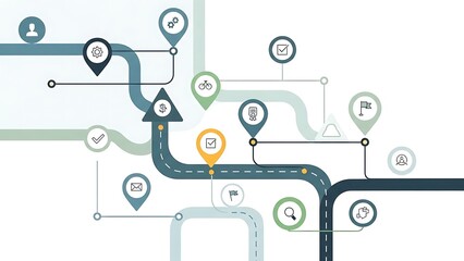 Infographic illustrating a journey through various digital processes and communication