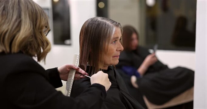 Skillful hairstylist using a comb and scissors to cut and style a mature female client's wet hair in a modern beauty salon, providing a professional haircut and beauty treatment