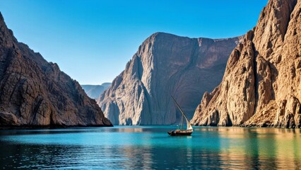 Traditional Sailboat Navigating Between Towering Mountain Cliffs in a Scenic Fjord with Clear Water