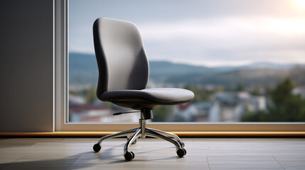 Modern office chair in front of large window with stunning mountain view showcasing natural light and contemporary design for workspace inspiration