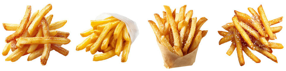 Assorted Golden Crispy French Fries with Sea Salt in Paper Packaging and Piles, PNG, transparent background