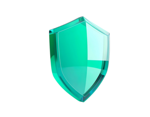 Glossy, turquoise shield on a black background, representing security