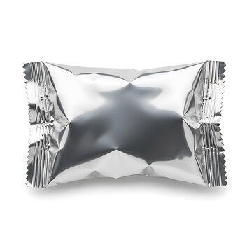 Crumpled silver foil snack wrapper isolated on white background