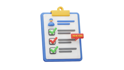 3D Rendered New Hire Recruitment Checklist on Clipboard with Profile Icon and Checkmarks