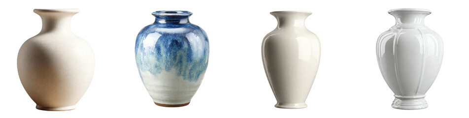 Set of four diverse ceramic pottery vases with blue glazed and white porcelain finishes for home decor, PNG, transparent background