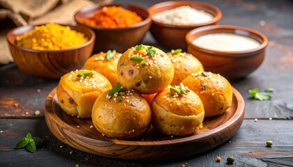Savory Golden Spheres With Spices And Herbs On A Wooden Plate
