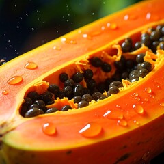 A close-up of a halved orange fruit with black seeds and water droplets