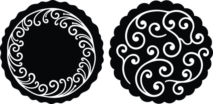 Two round medallions featuring elegant swirl patterns, perfect for stickers or crafting projects
