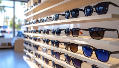 Rows Of Sunglasses Displayed On Light Wood Shelves In Retail Store With Blurred Background Out Of Focus