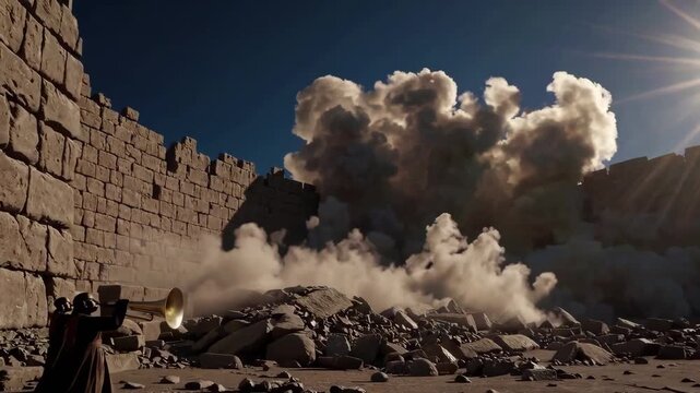 The fall of Jericho portrayed with collapsing walls and raised trumpets in an epic, dramatic scene.