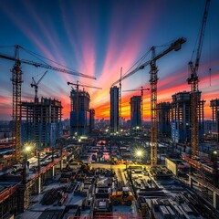 Futuristic City Construction at Sunset &ndash; Urban Growth and Development Skyline