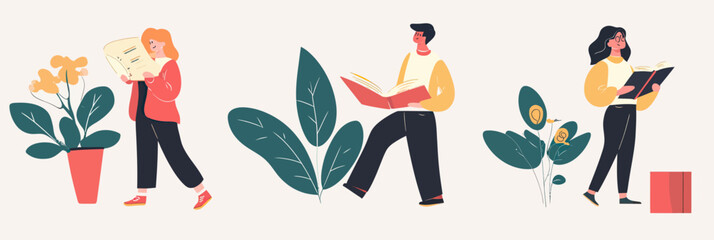 Young adults reading books and documents near plants and flowers in minimalist flat style, education and knowledge concept vector illustration