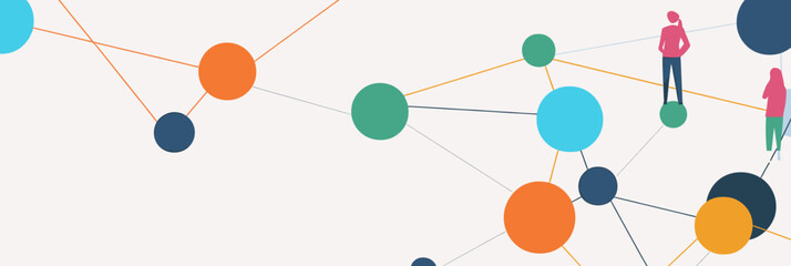 Obraz premium Abstract social network connection concept banner with multicolored circles and minimal human figures linked by thin lines on light background