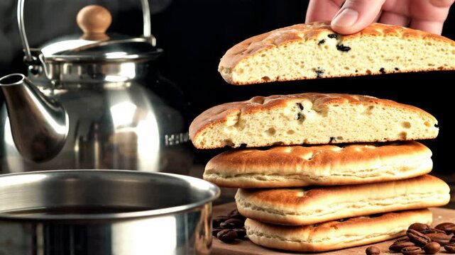 Cozy cafe winter breakfast scene with flatbread bread coffee kettle steam wooden table warm light inviting mood for book lover winter morning with flatbread stack cafe fresh baked bread wooden board