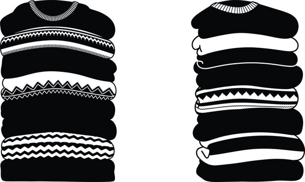 Two stacks of sweaters, patterned and solid, simple line art style, monochrome
