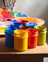 A close-up of six colorful paint jars on a wooden table