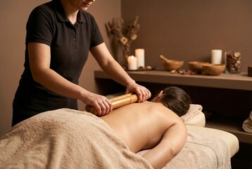 Woman masseuse giving bamboo massage to client. Relaxation and wellness treatment concept for stress relief, spa, therapy.