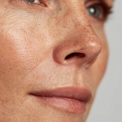 Obraz premium Macro image of oily facial skin with enlarged pores and natural texture on white background