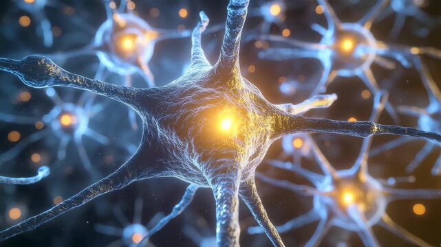 Neural network deep learning healthcare concept with glowing neuron synapse connection, abstract brain dendrite and axon anatomy detail for medical science innovation and learning research background