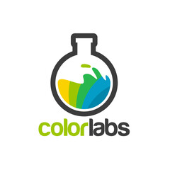 Color Labs Logo with Chemical Flask and Vibrant Liquid Splash.