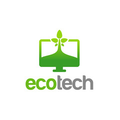 Green computer monitor with eco tech logo and text.