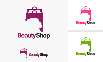 Beauty Shop Logo Design Featuring a Shopping Bag and Womans Silhouette.