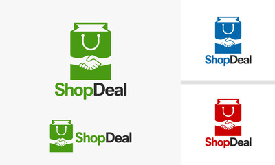 Shop Deal Logo Design with Shopping Bag and Handshake Symbol.