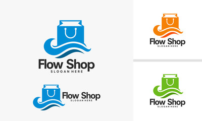 Flow Shop Logo Design with Shopping Bag and Wave Element.