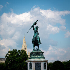 Equestrian statue of Archduke Charles (Erzherzog Karl) at Heldenplatz with Vienna City Hall (Rathaus) tower in background