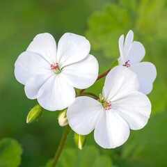 A close-up photo of three white flowers with pink centers and green leaves