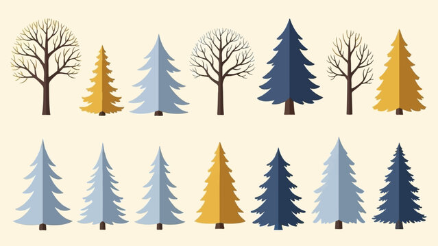 Illustrative collection of stylized evergreen and bare trees in two rows, featuring blue, gold, and brown colors