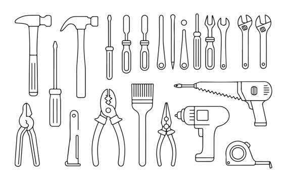 Outline set of construction and repair tools including hammers screwdrivers wrenches pliers drill and saw vector
