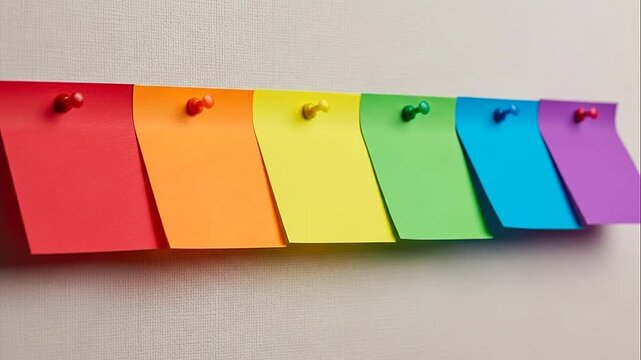 Row of colorful sticky notes with pushpins on a textured white background, ideal for reminders and organization.