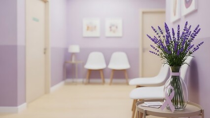 Lavender bouquet symbolizes hope and support in a serene waiting room conveying a message of comfort and solidarity for cancer awareness with purple