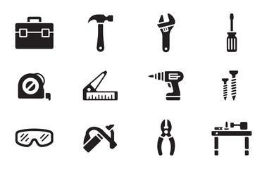 Obraz premium Toolbox and various work tools vector icon set with hammer, wrench, screwdriver, and drill