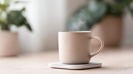 Fototapeta premium Close-up shot of ceramic mug with visible steam on heated coaster - Concept of Cup warmers & heated coasters 