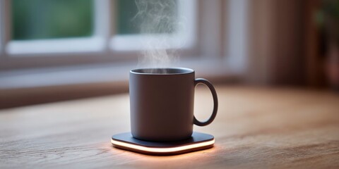 Glowing ring indicator around heated coaster base with centered mug, steam rising, warm low-key lighting emphasizing function, premium tech accessory  