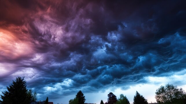 midgard. Dark purple storm clouds gathering before rainfall, dramatic sky formation, natural weather phenomenon. travel magazines, destination branding, designed for travel destination branding.
