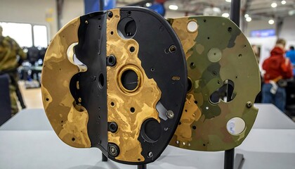 Machinery parts on display table indoors.