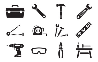 Minimalist carpentry tools set with spanner level ruler screwdriver and power drill silhouette icon